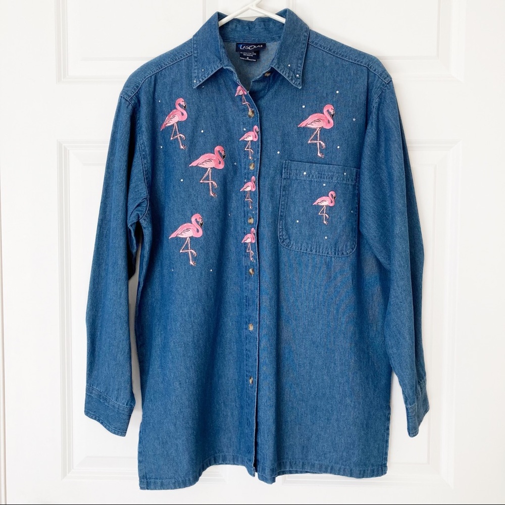 Denim Shirt with Pink Flamingo Embroidery Sz S